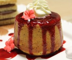 Mini Lemon Poppy Seed Bundt Cake with Raspberry Sauce and a Mascarpone Whipped Cream