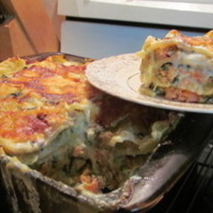 Salmon Lasagna with creamy basil sauce